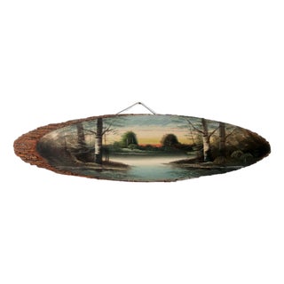 Vintage Hand Painted Landscape on Wood Slab Wall Decor For Sale
