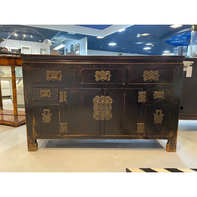 Black Antique Asian Black Lacquer Drawers Sideboard Buffet Credenza For Sale - Image 8 of 8