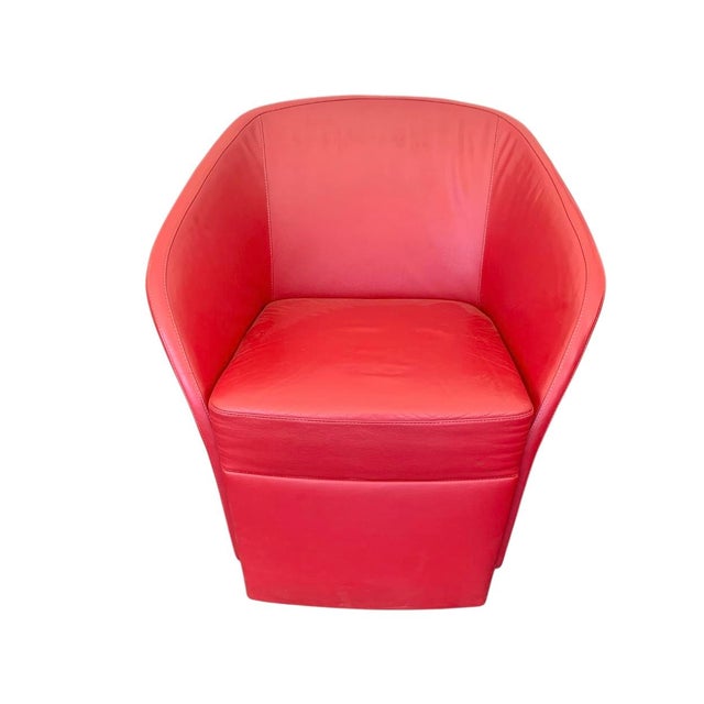 Absolutely stunning pair of petite swivel chairs in top quality red leather , square slimline steel swivel base ,...