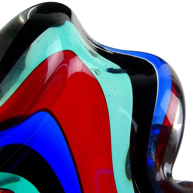 Murano Vintage Red Black Blue Aqua Swirl Design Italian Art Glass Flower Shaped Ashtray Bowl For Sale In Orlando - Image 6 of 8