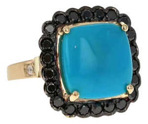 10.94 Carat Turquoise Black Diamond 14 Karat Yellow Gold Cocktail Ring