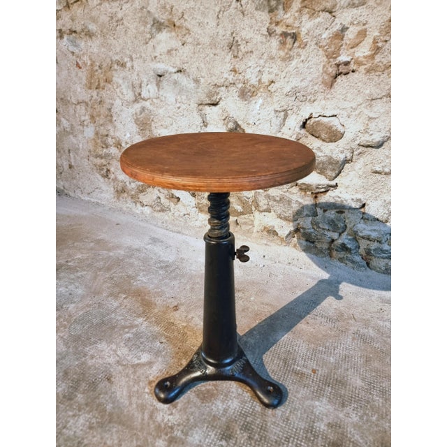Vintage Industrial Adjustable Swivel Stool with Cast Iron Base and Beech Plywood Seat from Singer, 1950s For Sale - Image 10 of 11