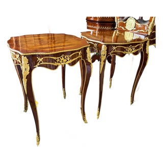 French Louis XVI Style Small Side Table Set of 2 With Ornate Gold Accents & Elegant Carved Details For Sale