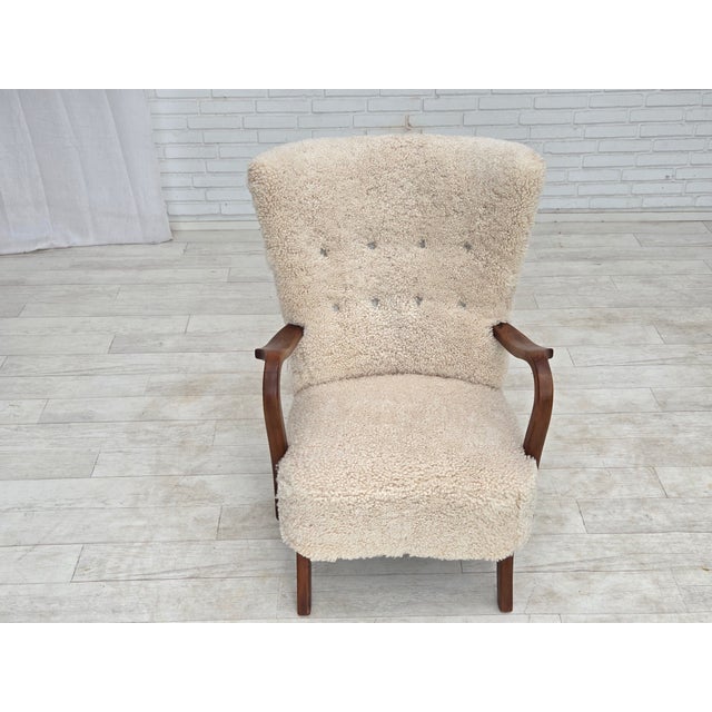 Danish High-Backed Armchair in Sheepskin by Alfred Christensen for Slagelse Møbelværk, 1960s For Sale - Image 10 of 18