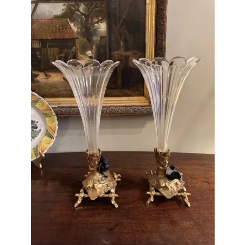 Late 19th Century Antique Pair of Gilt Bronze and Baccarat Crystal French Cornucopia Vases For Sale - Image 5 of 11
