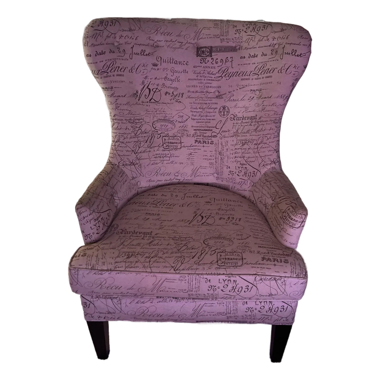 Early 20th Century French Script Linen Wingback Chair | Chairish