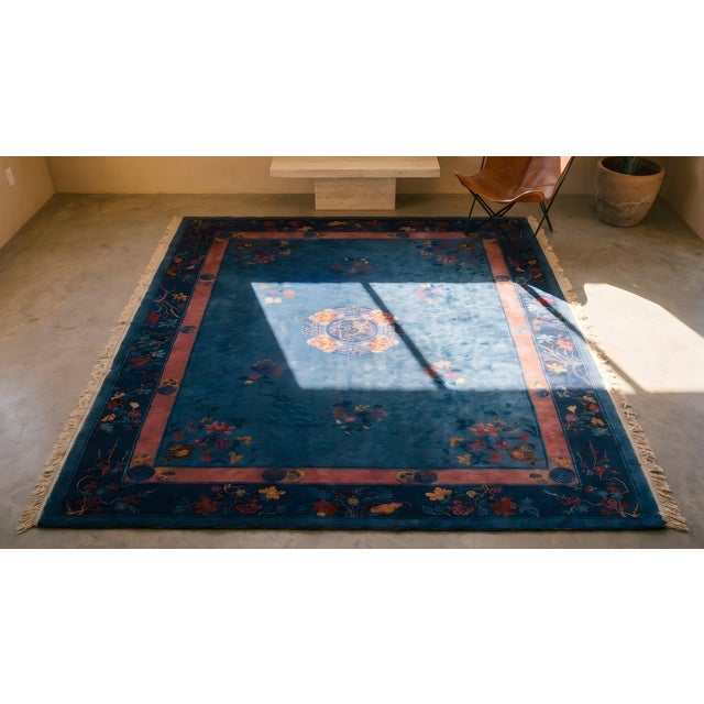 1920s Blue Floral Antique Chinese Rug 9' 0" X 11' 8" Handknotted Wool Carpet For Sale In New York - Image 6 of 8