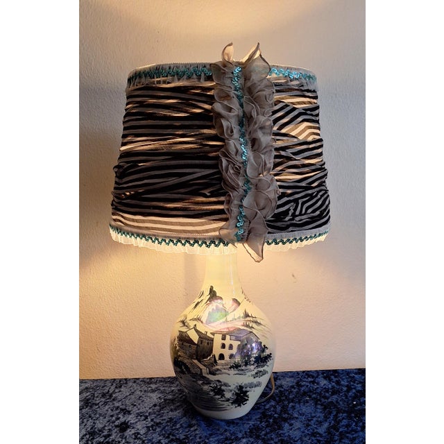 Italian Underglazed Hand-Painted Ceramic Table Lamp with Handmade Fabric Shade, 1970s For Sale - Image 11 of 11