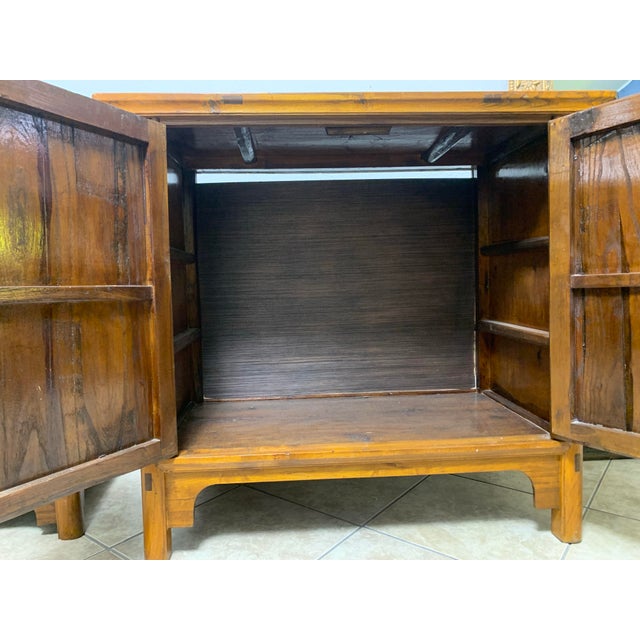 Burnt Umber Vintage Asian Chinese-Style Wood Tv Cabinet / Media Console With Brass Hardware For Sale - Image 8 of 12