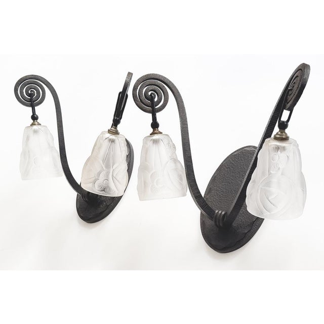 French Wrought Iron Sconces with Molded Glass Shades by Maison Degué, Set of 2 For Sale - Image 6 of 13