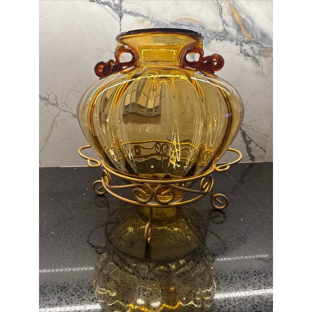 Mid-Century Modern Vintage Amber Hand Blown Glass Vase With Stand For Sale - Image 3 of 8