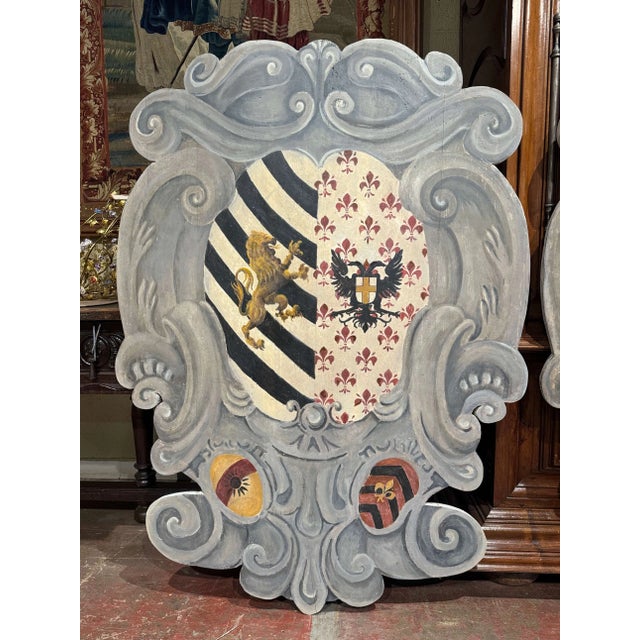 Italian Pair Early 20th Century Italian Carved and Painted Wall Hanging Heraldic Shields For Sale - Image 3 of 11