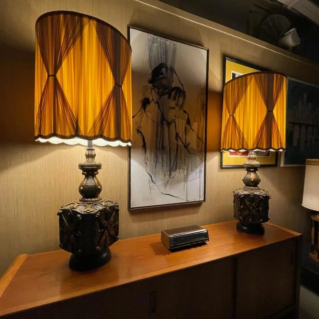 Mid-Century Modern 1970s Large Mid Century Bronze Color Brown Gold and Black Brutalist Lamps - a Pair For Sale - Image 3 of 9