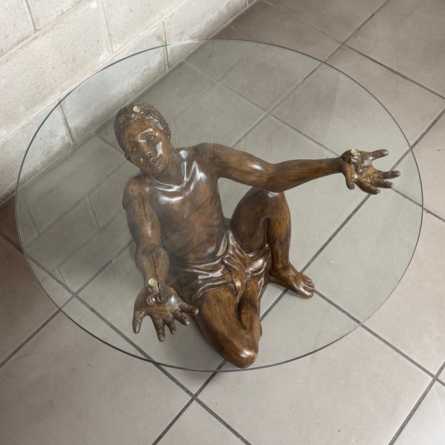 Round Atlas Man Coffee Table in Carved Wood and Glass For Sale - Image 4 of 18