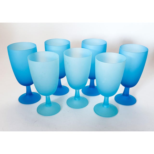 1960s Carlo Moretti Italy Satinato Frosted Blue Wine Water Glasses - Set of 7 For Sale - Image 9 of 12
