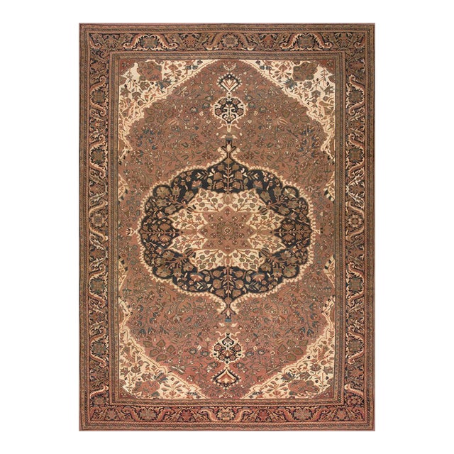 1930s Brown Medallion Antique Persian Sarouk Farahan Rug 9'3" X 13'2" Handknotted Wool Carpet For Sale