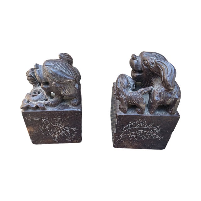 Chinese Vintage Chinese Soapstone Foo Dog Seal Pair With Carved Calligraphy Bases For Sale - Image 3 of 10