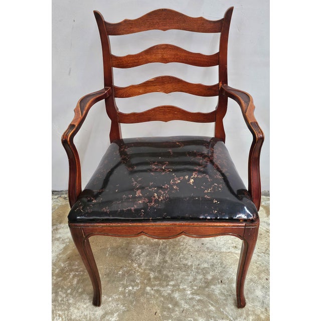 Wood Pair of French Country Mahogany and Upholstered Ladderback Armchairs For Sale - Image 7 of 8