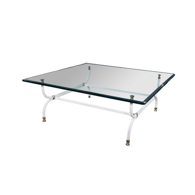 Mid-Century Modern Mid Century Maison Jansen Style White Iron Faux Bamboo Square Glass Coffee Table For Sale - Image 3 of 13