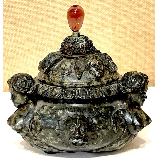 18th Century/Older Italian Renaissance Style Carved Verdigris Marble Table Box For Sale - Image 10 of 12