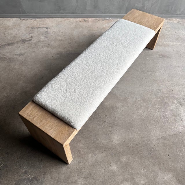 White Casi White Oak Bench in Natural Finish Upholstered in Faux Sherpa - Off Center For Sale - Image 8 of 8