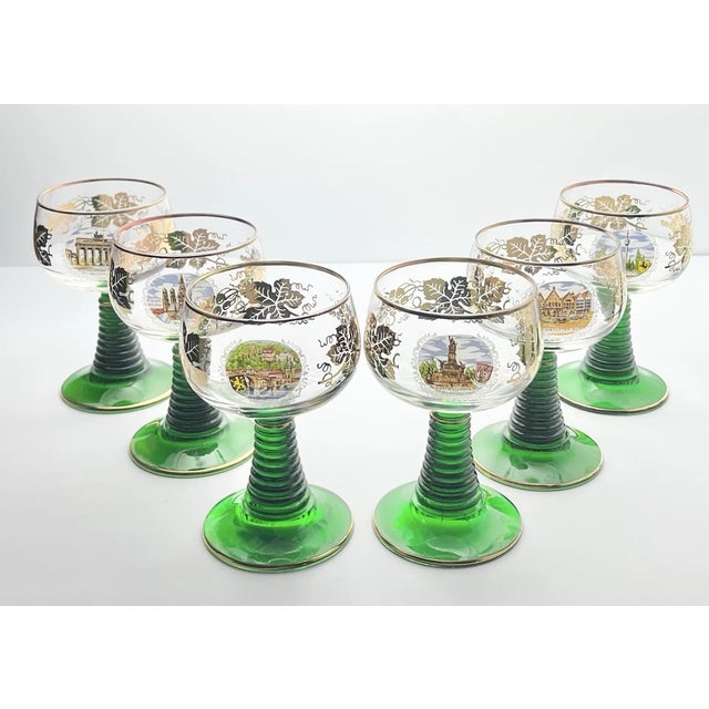 1970s Schott-Zwiesel Green & Gold Leaf 6 Germany Roemer Wine Glasses Good vintage condition. No chips, cracks, or...