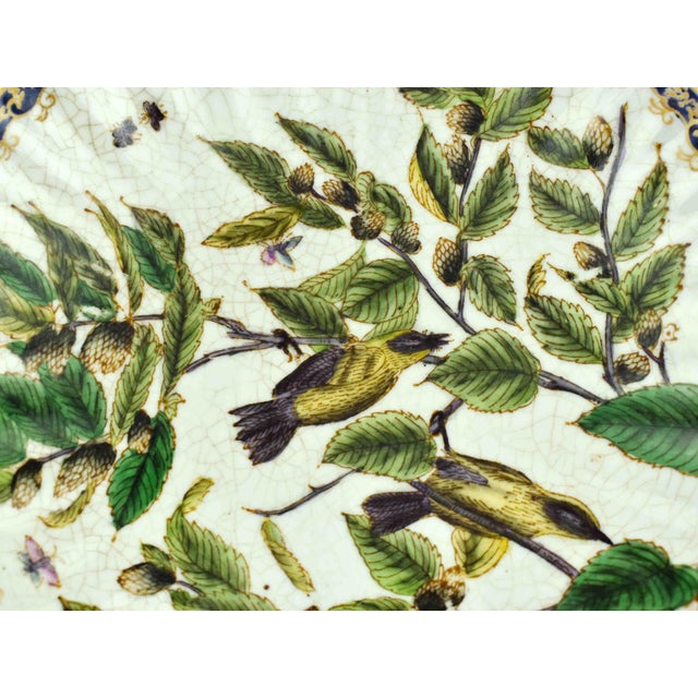 Green Mid 20th Century Hand Painted Botanical Birds & Blooms Crackle Glaze Scalloped Wall Decorative Plates - Set of 3 For Sale - Image 8 of 13