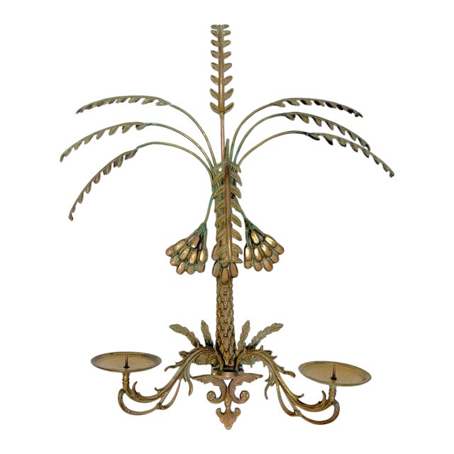 Vintage Hollywood Regency Palm Tree With Hanging Date Clusters Double Candle Wall Sconce For Sale