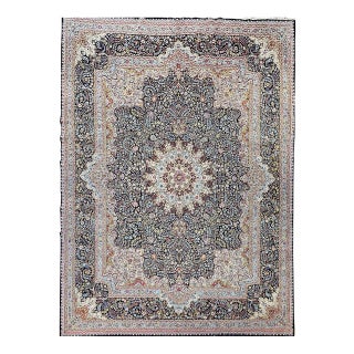 Antique Persian Kerman Lavar Oversize Rug, Millefleur Floral Pattern, Navy & Ivory, 10’ X 14’ For Sale