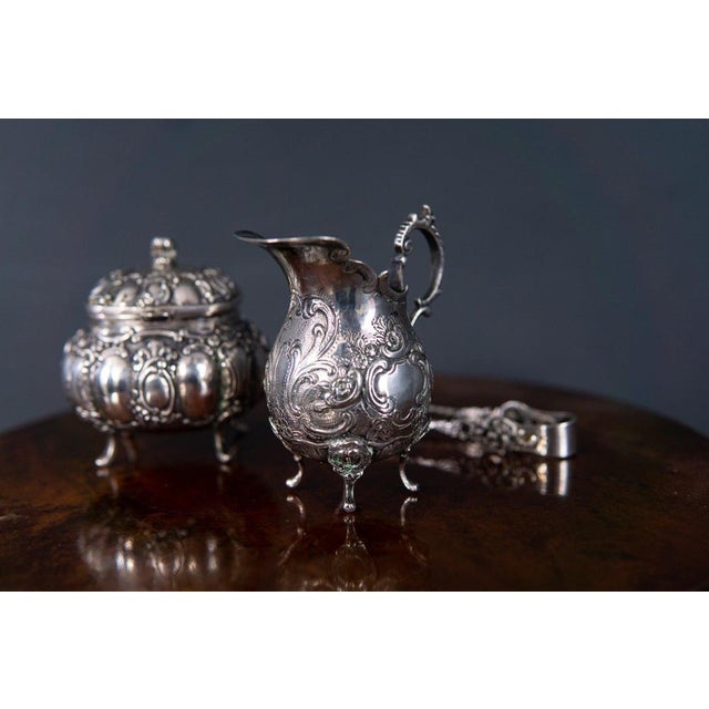 Milk Jug, Sugar Bowl and Tongs in Silver, Set of 3 For Sale - Image 4 of 12