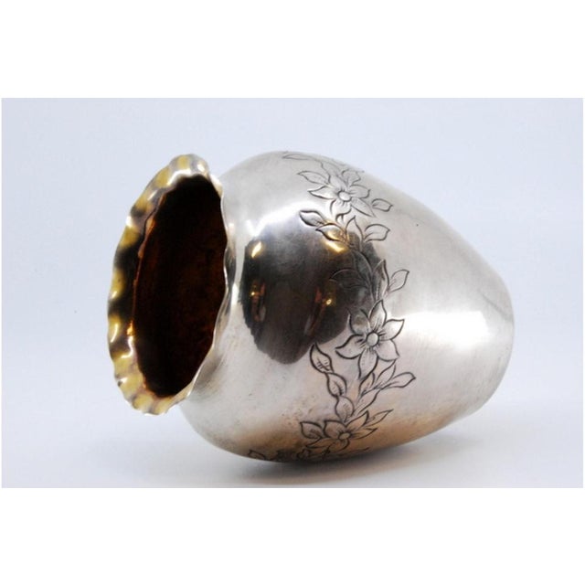 Silver Vase with Engraved Floral Motifs and Wavy Rim For Sale - Image 6 of 10