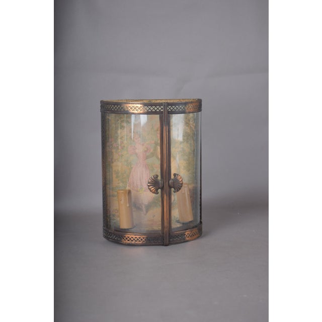 Metal Brass Vitrine Wall Lamp with Curved Glass and Garden Scene Panel, 1950s For Sale - Image 7 of 7
