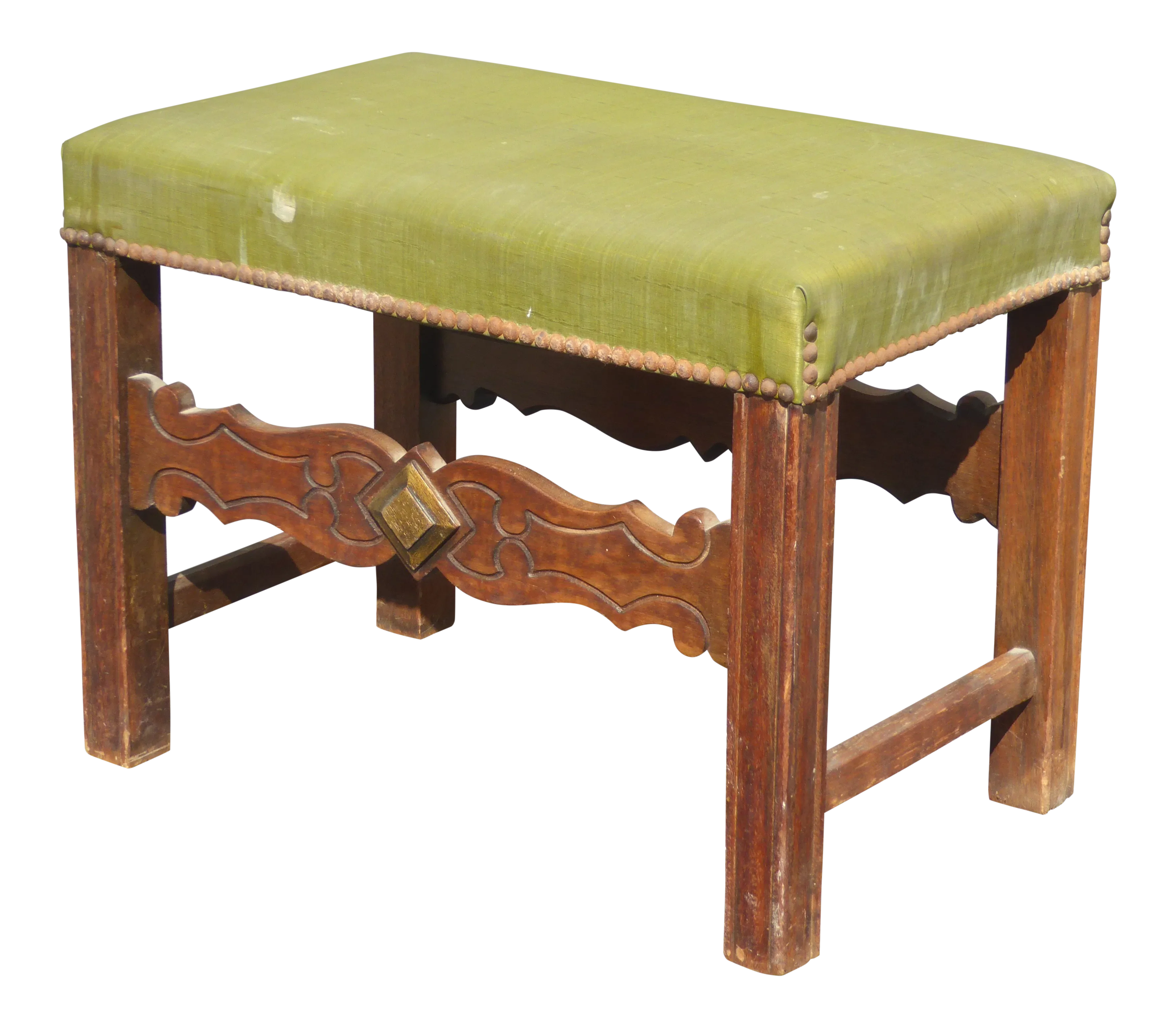 Vintage French Country Green Vinyl Bench With Decorative Nails Farmhouse Chic - image 0