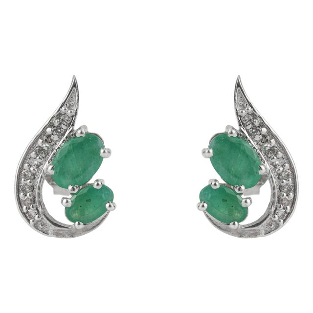 Art Nouveau Inspired 1.85 Ct Emerald & Diamond Stud Earrings - A Pair For Sale