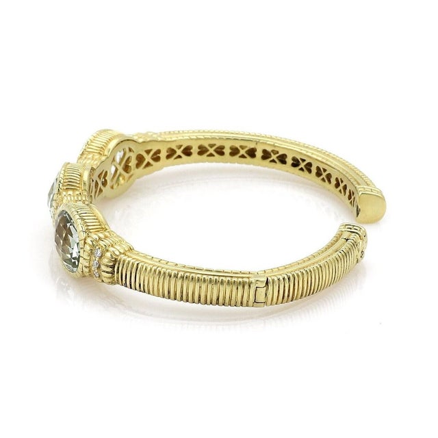 Contemporary Mid 20th Century Judith Ripka Prasiolite Diamond 18k Gold 3 Stones Hinged Cuff Bracelet For Sale - Image 3 of 5