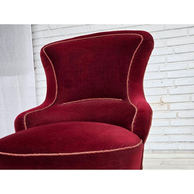 Wood Danish Cocktail Lounge Chair in Cherry-Red Furniture Velour, 1950s For Sale - Image 7 of 17