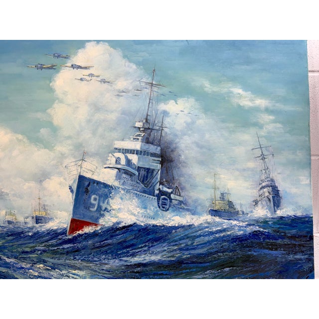 Realism Vintage Original u.s. Navy Battle Ship Boat Air Force Seascape Oil Painting Army For Sale - Image 3 of 14