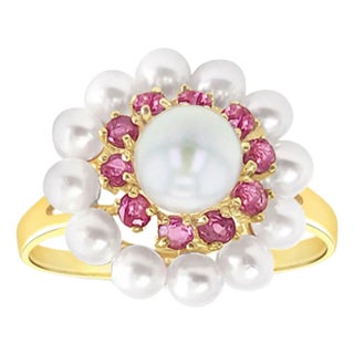 Double Halo Pearl & Ruby Ring 7MM Pearl 14k Yellow Gold, Size 8 For Sale