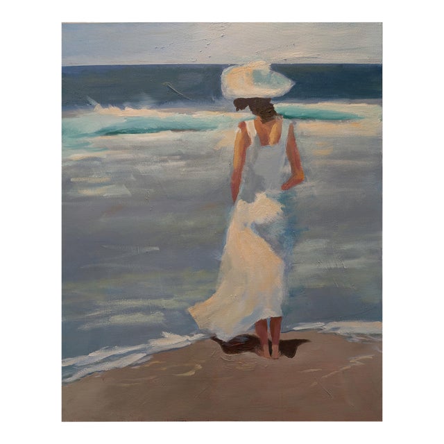 La Vita È Bella - Woman Standing by Water Oil on Canvas, Beach , Summer For Sale