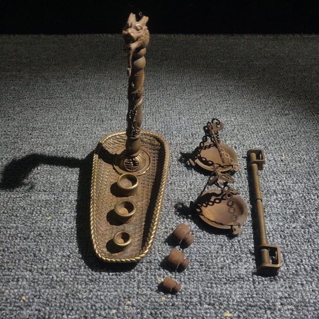 Metal Vintage Brass Dragon-Head Balance Scale With Original Weights For Sale - Image 7 of 9