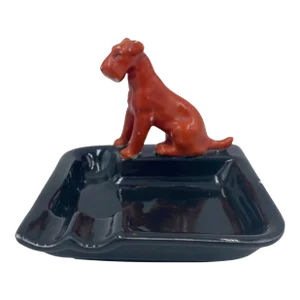 Vintage Black & Red Porcelain Fox Terrier Dog Ashtray Trinket Dish