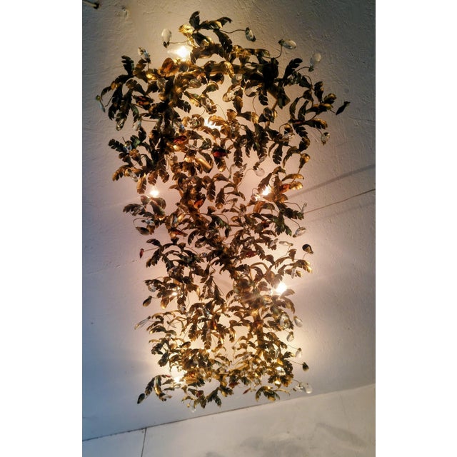 Large Monumental Wrought Iron Leaf & Crystal Rectangular Flush-Mount Chandelier Hollywood Regency 1990ss For Sale - Image 11 of 17