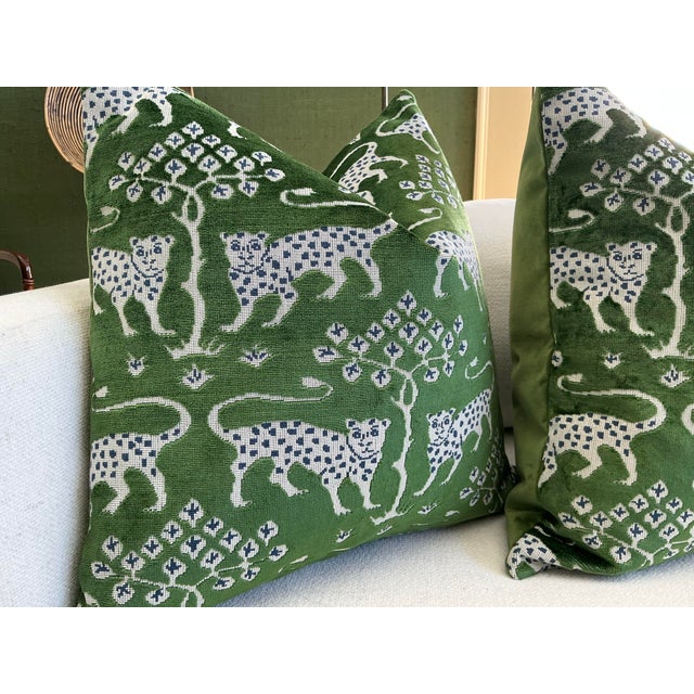 Asian Schumacher Woodland Leopard Velvet in Emerald 22" Down-Filled Pillows - a Pair For Sale - Image 3 of 5