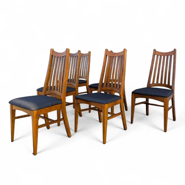 Set of Six Restored Mid-Century Oak Slat-Back Dining Chairs, Walnut For Sale - Image 16 of 18