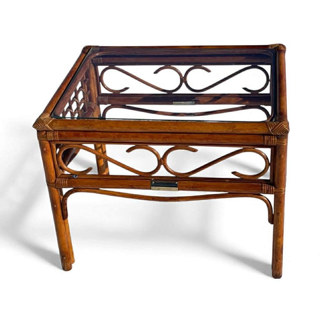 Vintage French Country Bamboo Rattan Brass Accents End Tables Side Tables W Glass Top For Sale - Image 13 of 17