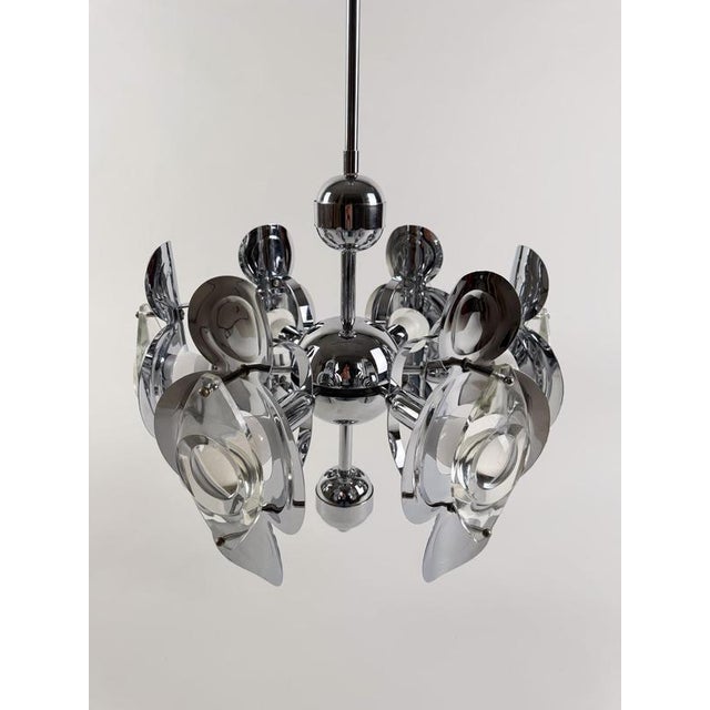 Glass Space Age Chrome Chandelier in Crystal Glass Optic Lens by Oscar Torlasco, 1970s For Sale - Image 7 of 18