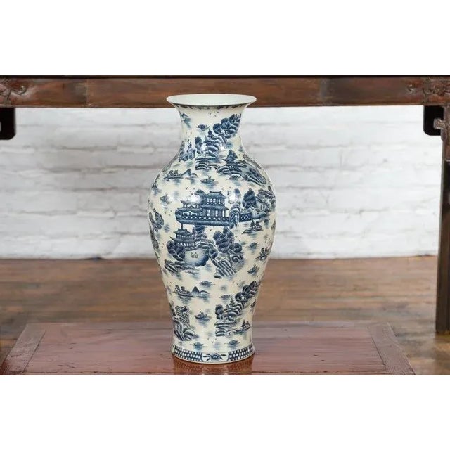 Mid 20th Century Vintage Chinese Blue & White Porcelain Vase with Landscapes & Architectures For Sale - Image 5 of 13