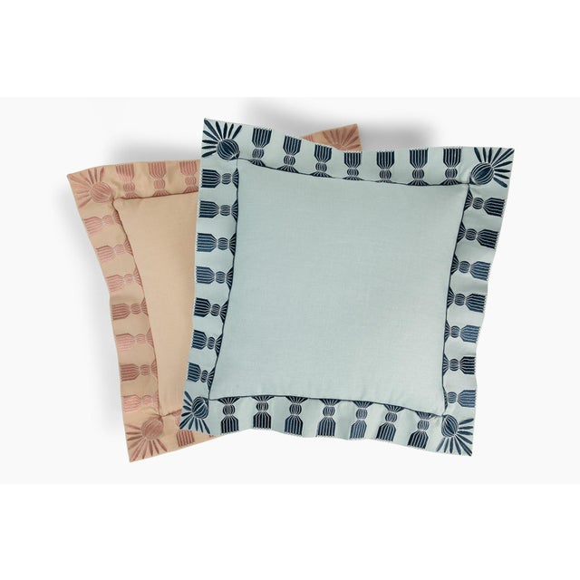 Transitional Tassel Embroidered Linen Pillow, Sky Blue & Navy, 24 "x 24" For Sale - Image 3 of 12