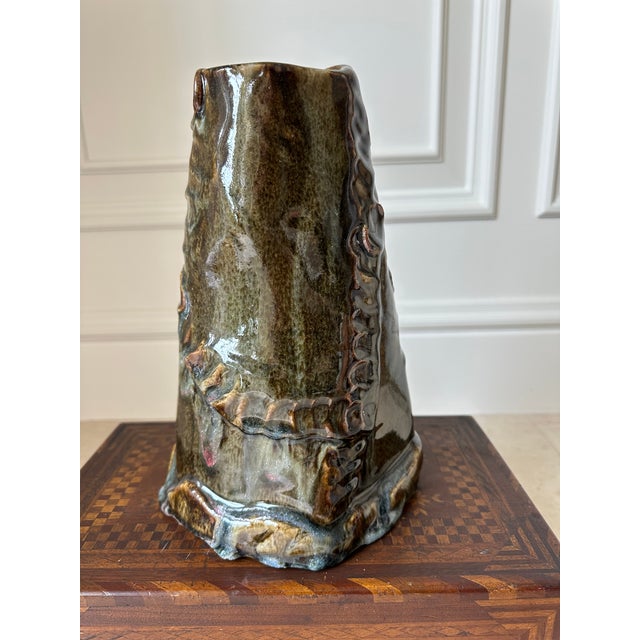 Ceramic Vintage Large Handcrafted Brutalist Ceramic Vase in Olive Green & Brown For Sale - Image 7 of 18