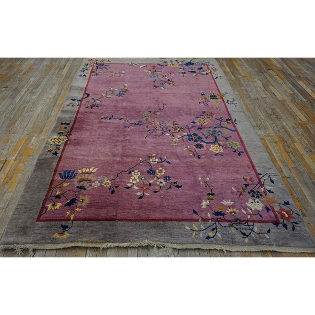1920s Purple Floral Antique Chinese Art Deco Carpet 6' X 8'10" Handknotted Wool Rug For Sale - Image 12 of 15